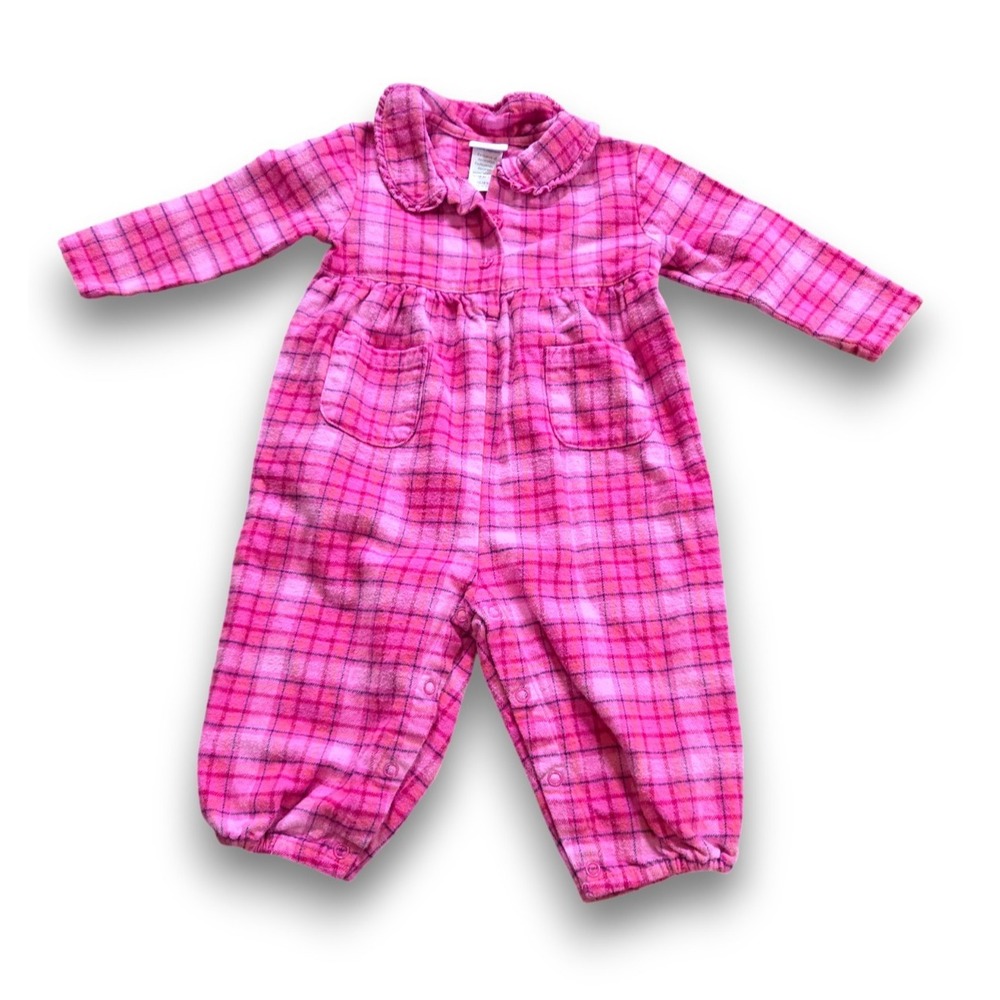 Vintage Carter's Pink Plaid Flanel Romper One Piece Pajamas Infant Girls 12-18m